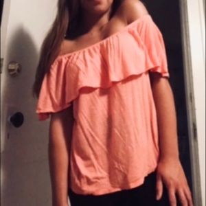 Flowy, peach, off-the-shoulder blouse